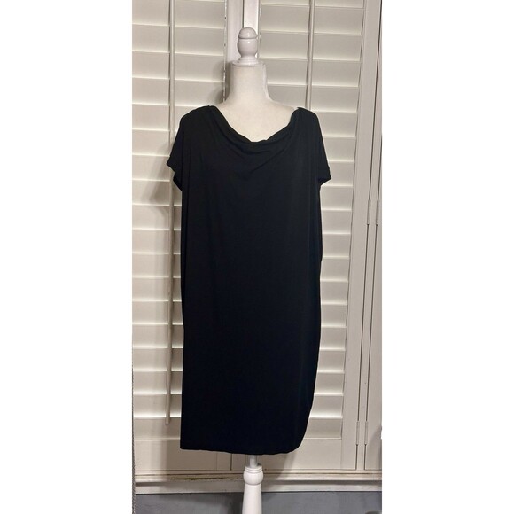 EILEEN FISHER Size L Cowl Neck Short Sleeve Shift Dress Minimalist Closet Staple - Picture 2 of 12